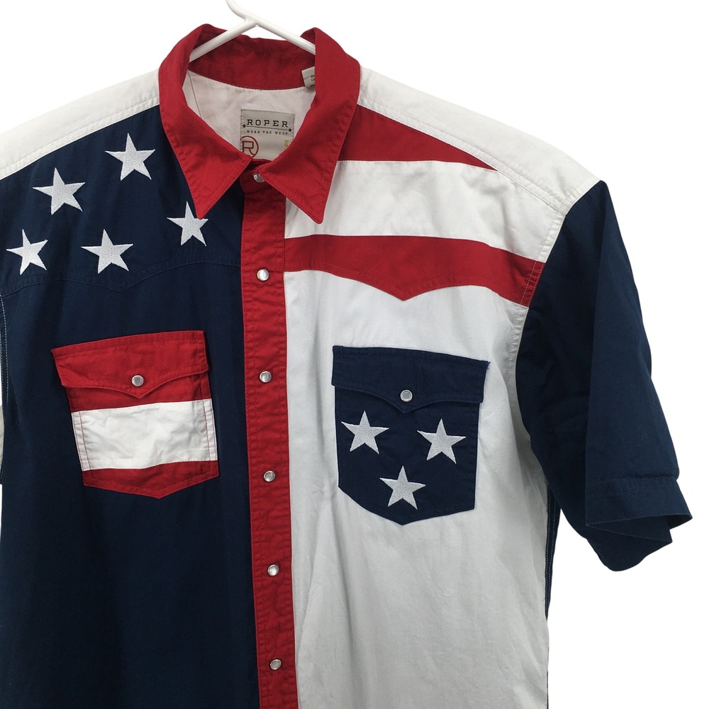 Roper Western Shirt Men XL Red White Blue American Flag Stars Stripes Pearl Snap